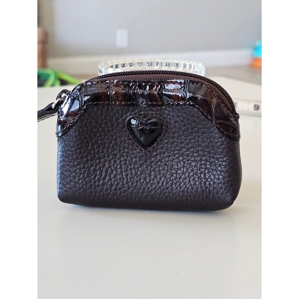 Brighton Brown Pebbled Leather Heart Coin Purse Croc Embossed Trim Leopard Liner - Picture 1 of 6